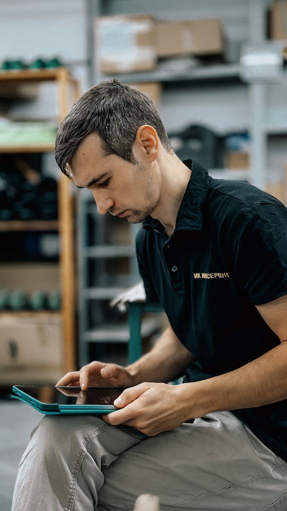 Male worker using a tablet in a warehouse, reflecting productivity and technology integration.